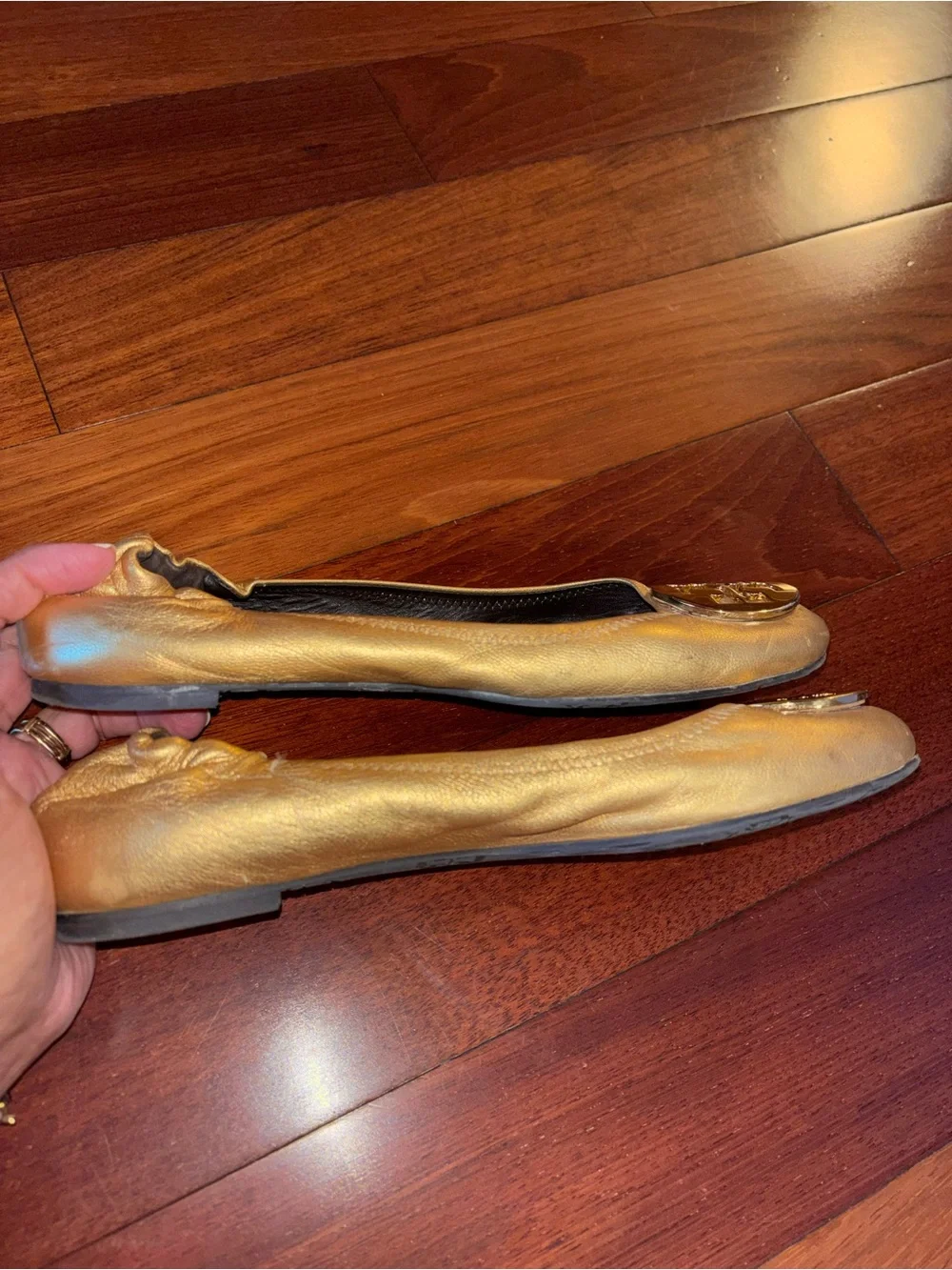 Tory Burch Metallic Gold Leather Logo Ballet Flats